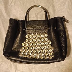 Elegant Black Handbag with Silver Accents Vegan Leather